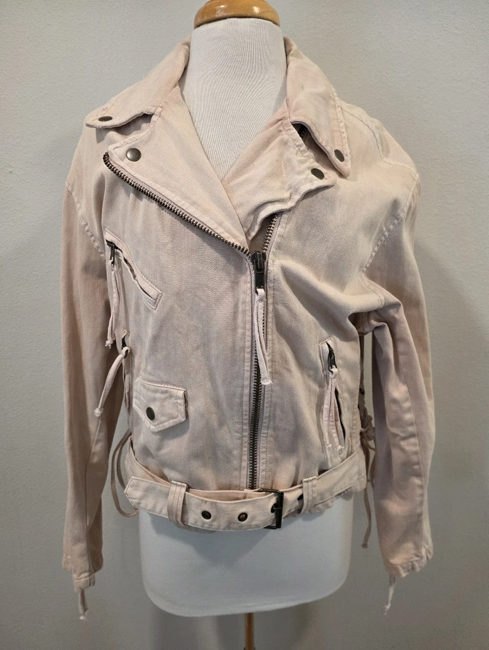 Free People Oversized Denim Pink Moto Jacket - Picture 6 of 11
